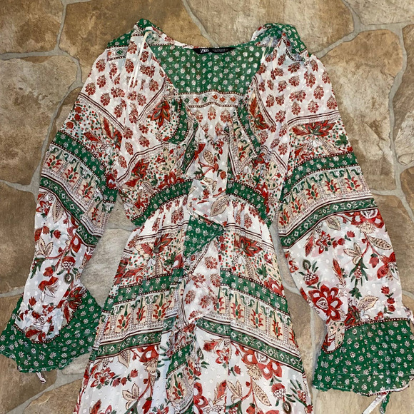 ZARA Boho Printed Ruffled Long Sleeve Midi Dress, Size XS - Picture 4 of 7